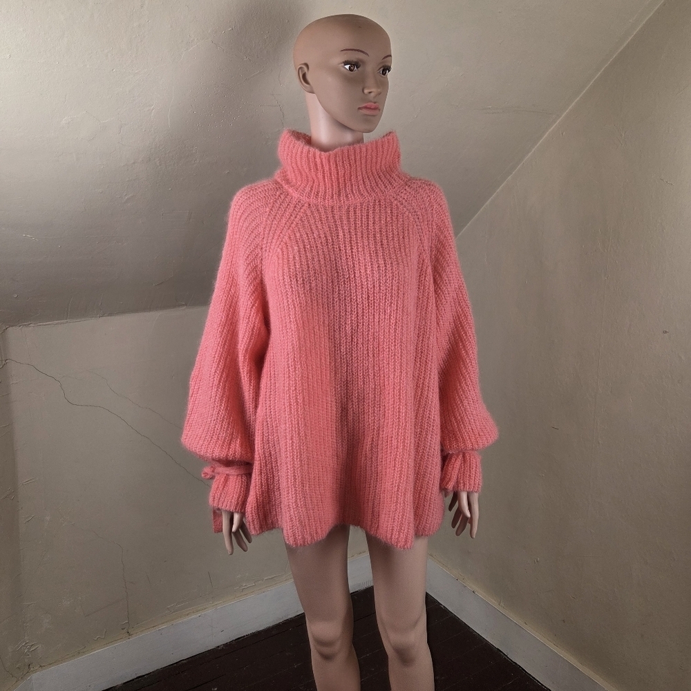 NAADAM Mohair Wool‎ Blend Sweater M Oversized Turtleneck Pink Balloon Sleeve Tie